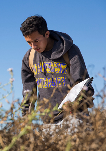 SF State student looking through tall grass while taking notes.