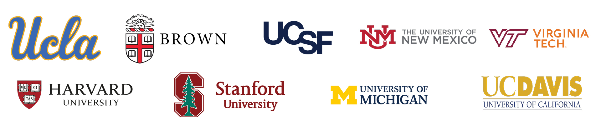 UCLA, Brown, UCSF, The University of New Mexico, Harvard, Stanford, University of Michigan, Virginia Tech, UC Davis logos