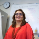 Leticia Márquez-Magaña standing in front of a whiteboard