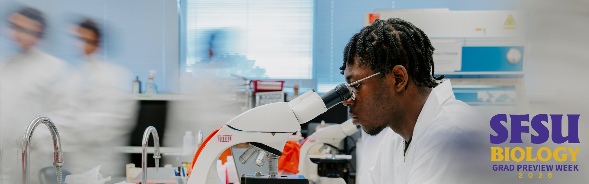 person using microscope plus grad preview week text